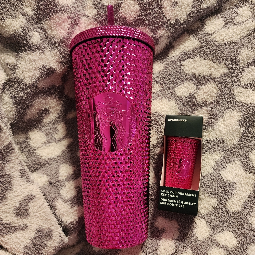 New STARBUCKS Pink Chrome Sangria Bling Studded Holiday Cold Cup and Key Chain